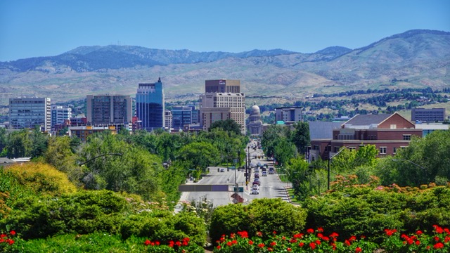 Summer in downtown Boise, Idaho with a mountain backdrop. 
