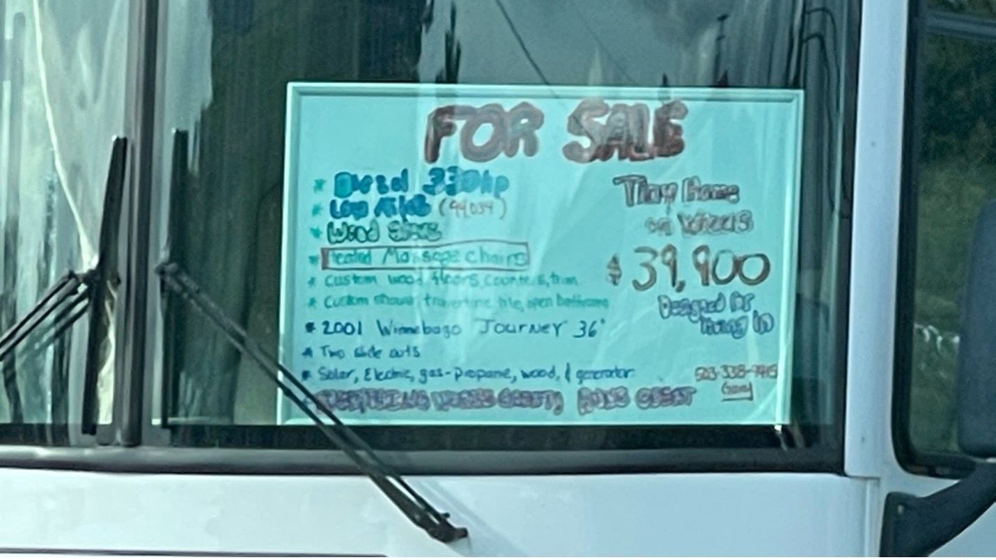 For sale sign in window of Motorhome
