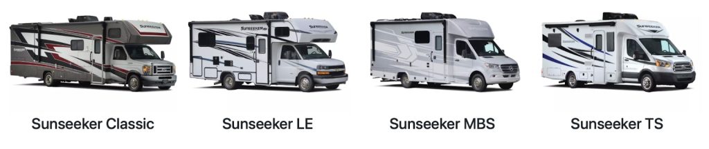 The forest river sunseeker line of class c motorhomes offers 4 rvs. Sunseeker classic, sunseeker LE, Sunseeker MBS, and Sunseeker TS