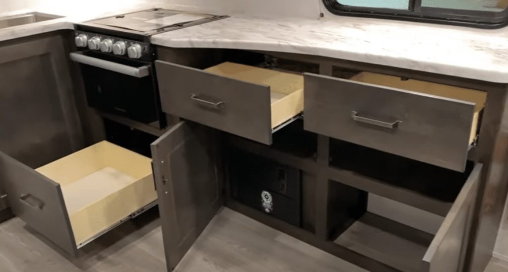 The Grand Design Transcend 245RL kitchen cabinets