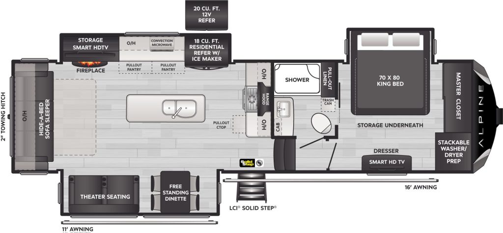 floor plan for the 2024 keystone Alpine 3011CK 5th Wheel rv camper