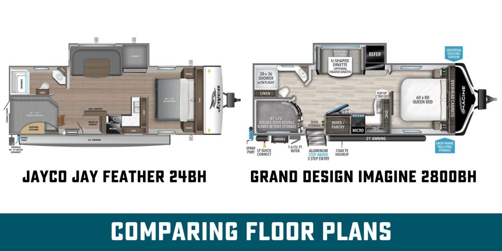 jay feather 24Bh Floor Plans beside Imagine 2800Bh floor plans with text, "Comparing Floor Plans"