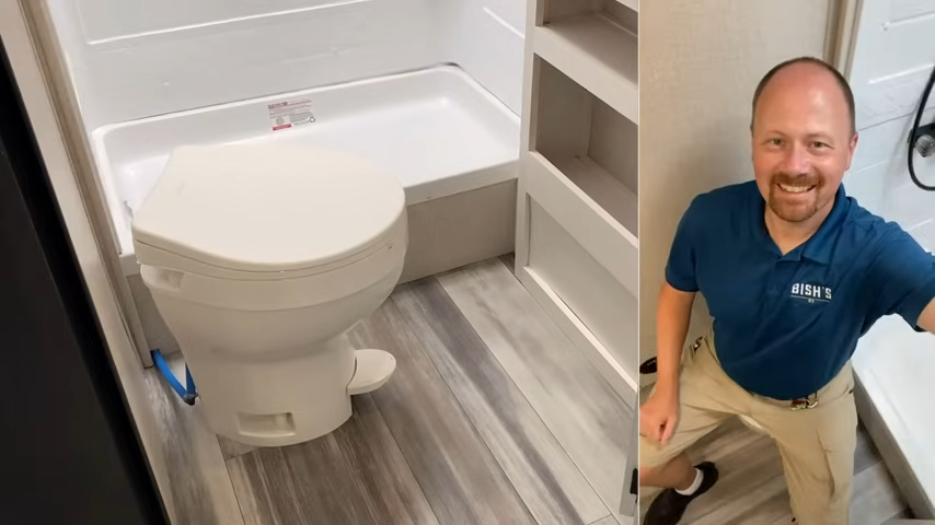 Josh the RV Nerd demonstrates size of Go Play toilets