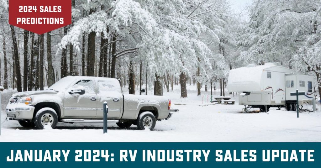 RV in the Snow with text, "January 2024: RV Industry Sales Update"
