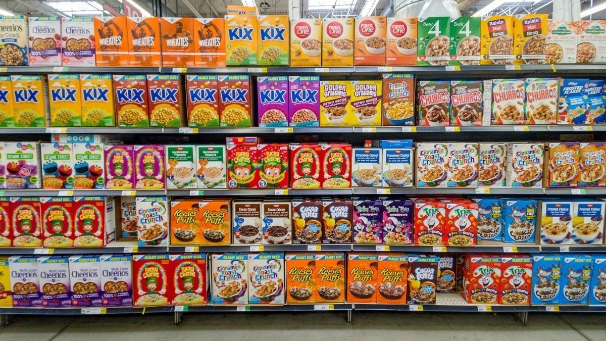 Row of Cereal Boxes in Grocery Store