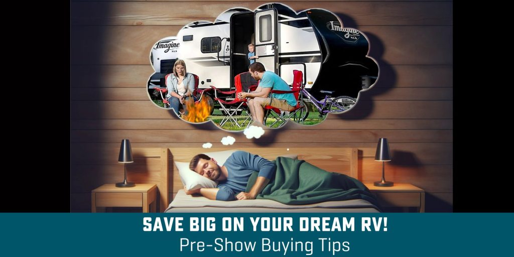 Man sleeping, dreaming of camping in an RV with his family. Text: "Save Big on your Dream RV!"