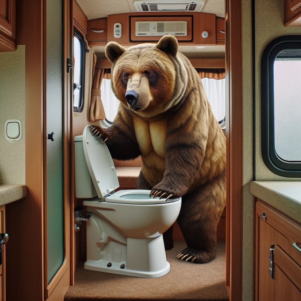Bear looking at a toilet in RV bathroom.