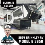 exterior of Brinkley g 3950 with a comic image of Josh the RV nerd with text "Brinkley G 3950"