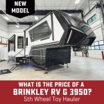 Exterior of G 3950 Toy Hauler with text, "What is the price of a Brinkley RV G 3950"