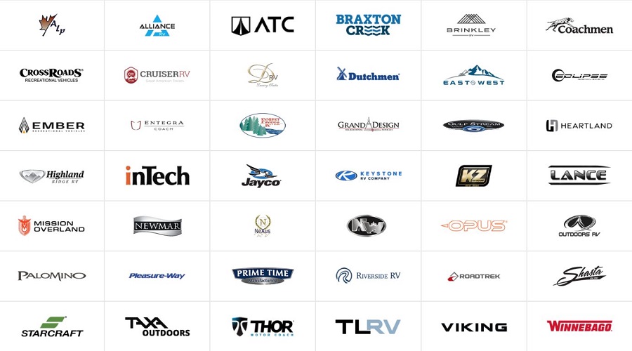 grid of rv manufacturer logos such as Jayco, Grand Design, Go Play and Winnebago