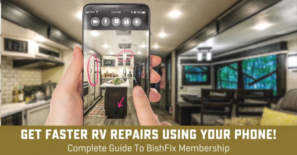 Smart phone doing video chat inside an RV with Text "Get Faster RV Repairs using your phone!"