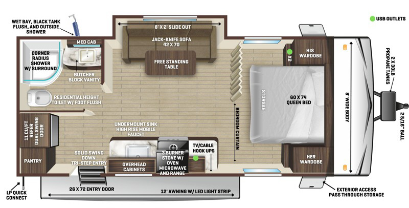 Floor plans for the Wayfinder RV Go Play 20FBS travel trailer