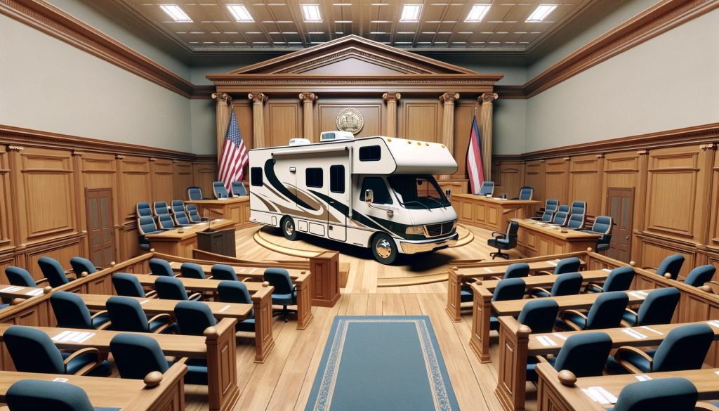 An Ai generated image of an RV in a courtroom
