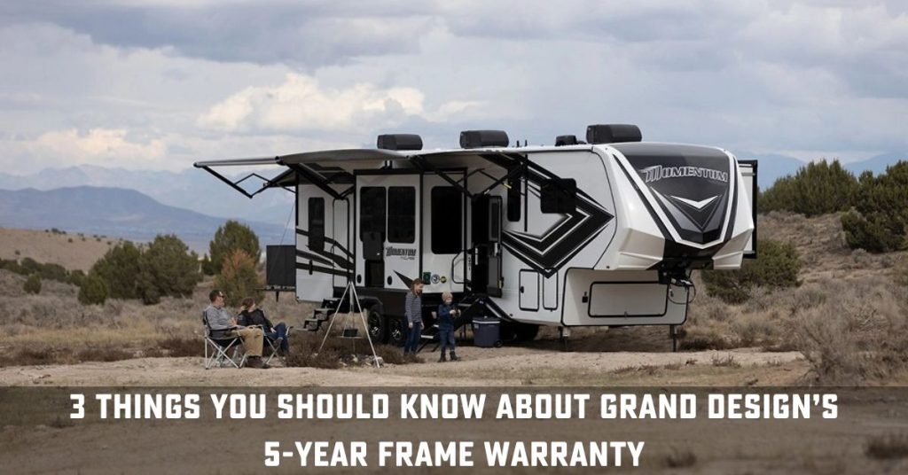 Family sitting outside their Grand Design Momentum 5th wheel with text, "3 things you should know about Grand Design's 5-Year frame warranty"
