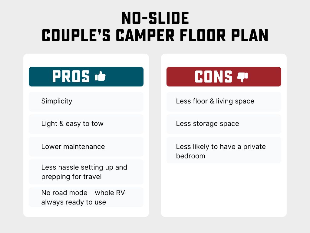 pros and cons of a couples camper with no slides