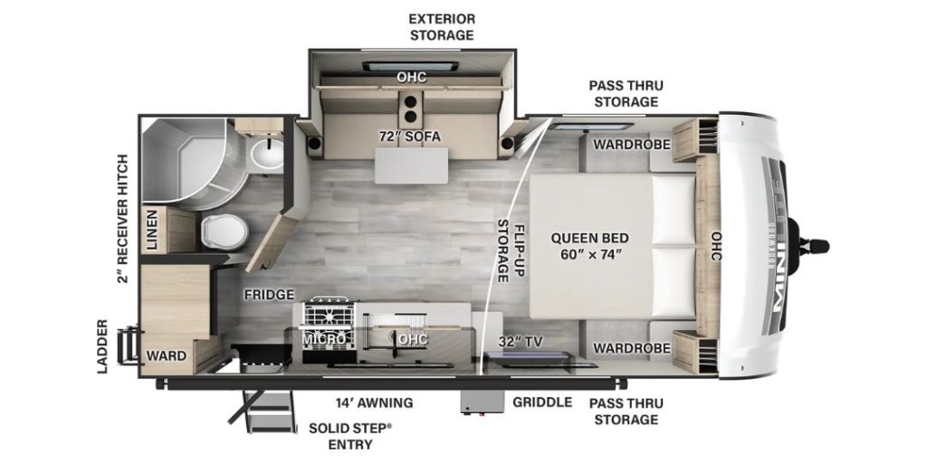 Rockwood mini lite 2109s is an example of a sofa slide couple camper floor plan