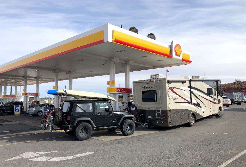 Class A Motorhome at Shell Gas Station pumps