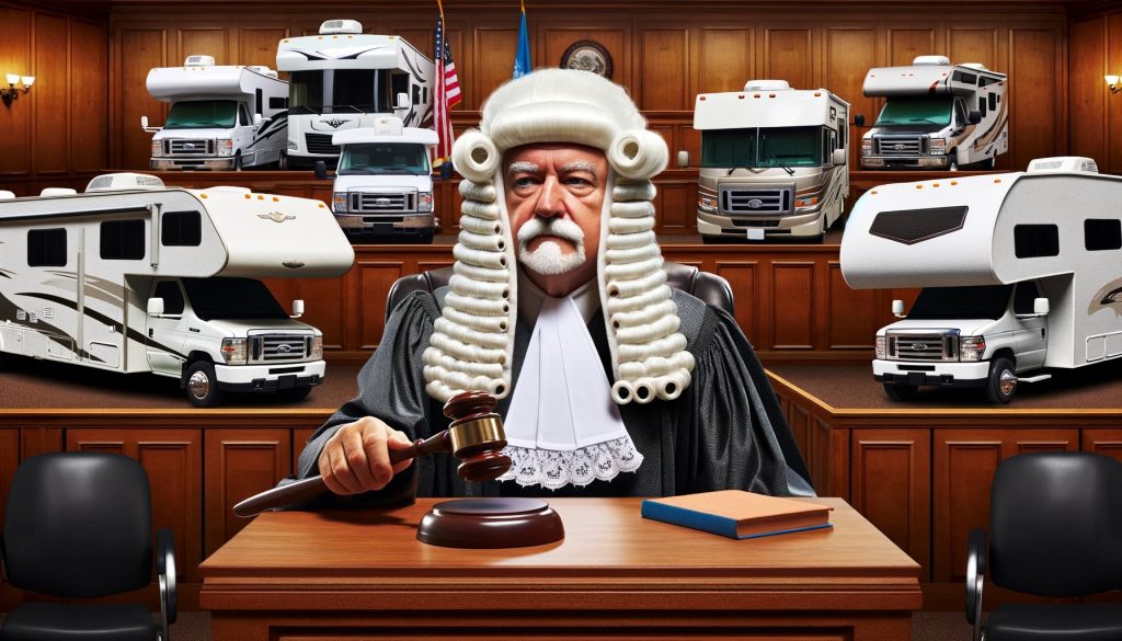 A judge with a white wig holding a gavel with RVs behind him