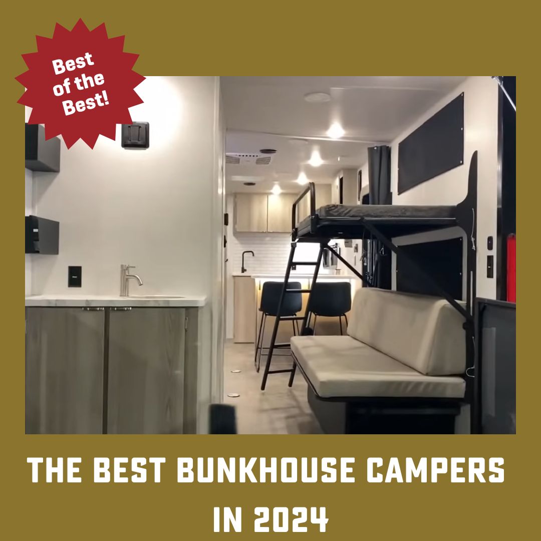Bunks inside an RV with text "The Best Bunkhouse Campers of 2024"