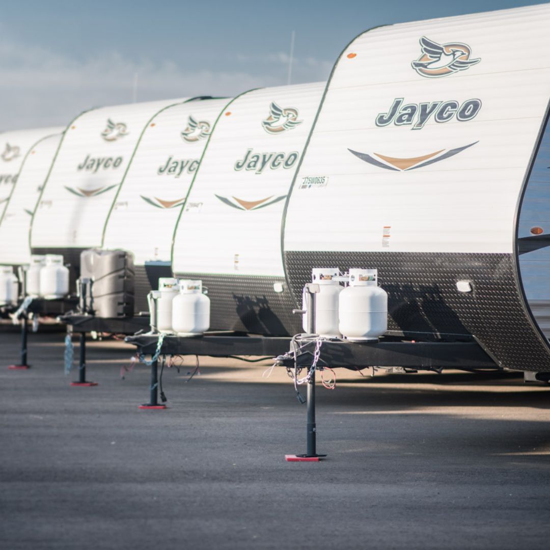 a row of jayco Jay Flight travel trailers