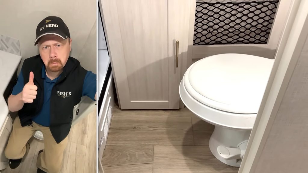 Bathroom inside R-Pod 153 / Split screen. Josh the RV Nerd shows the toilet has room around it so you're not squished.