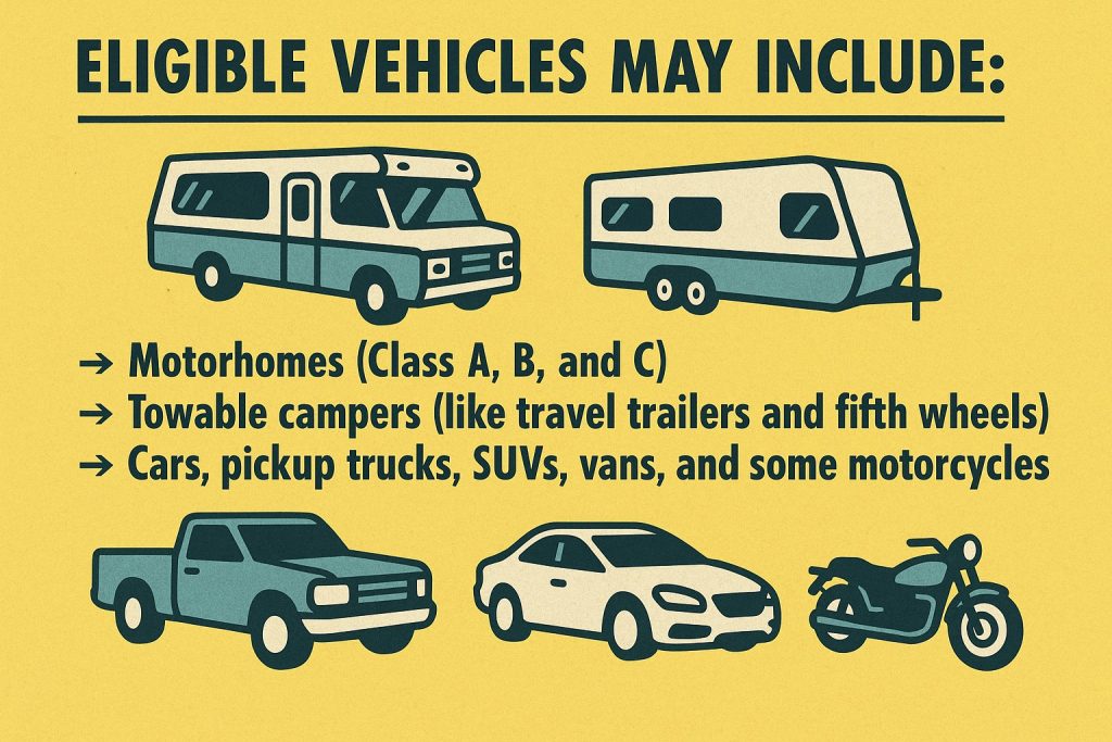 infographic
This includes motorhomes, (class a, b, c)
Towable Campers
Cars, Trucks, Suvs, vans and motorcycles