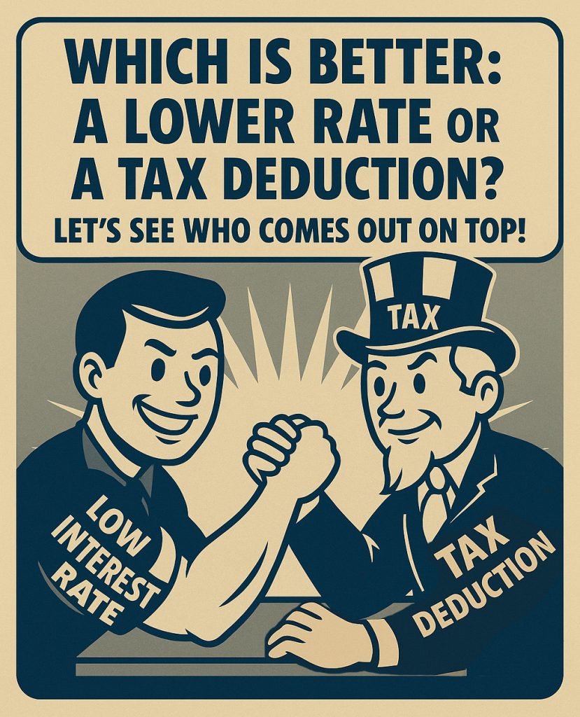 Uncle Sam "Tax Deduction" arm wrestling with a guy that has "low interest rate" on his shirt