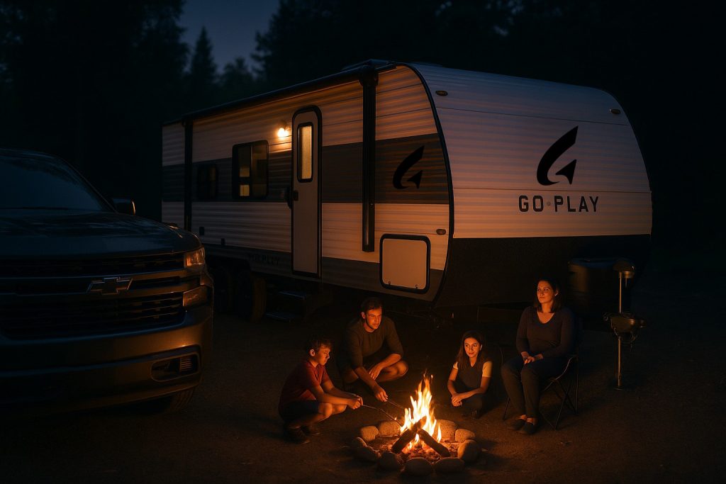 family sitting at campfire outside Go Play 26BH