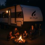 family at campfire outside Go Play 26BH