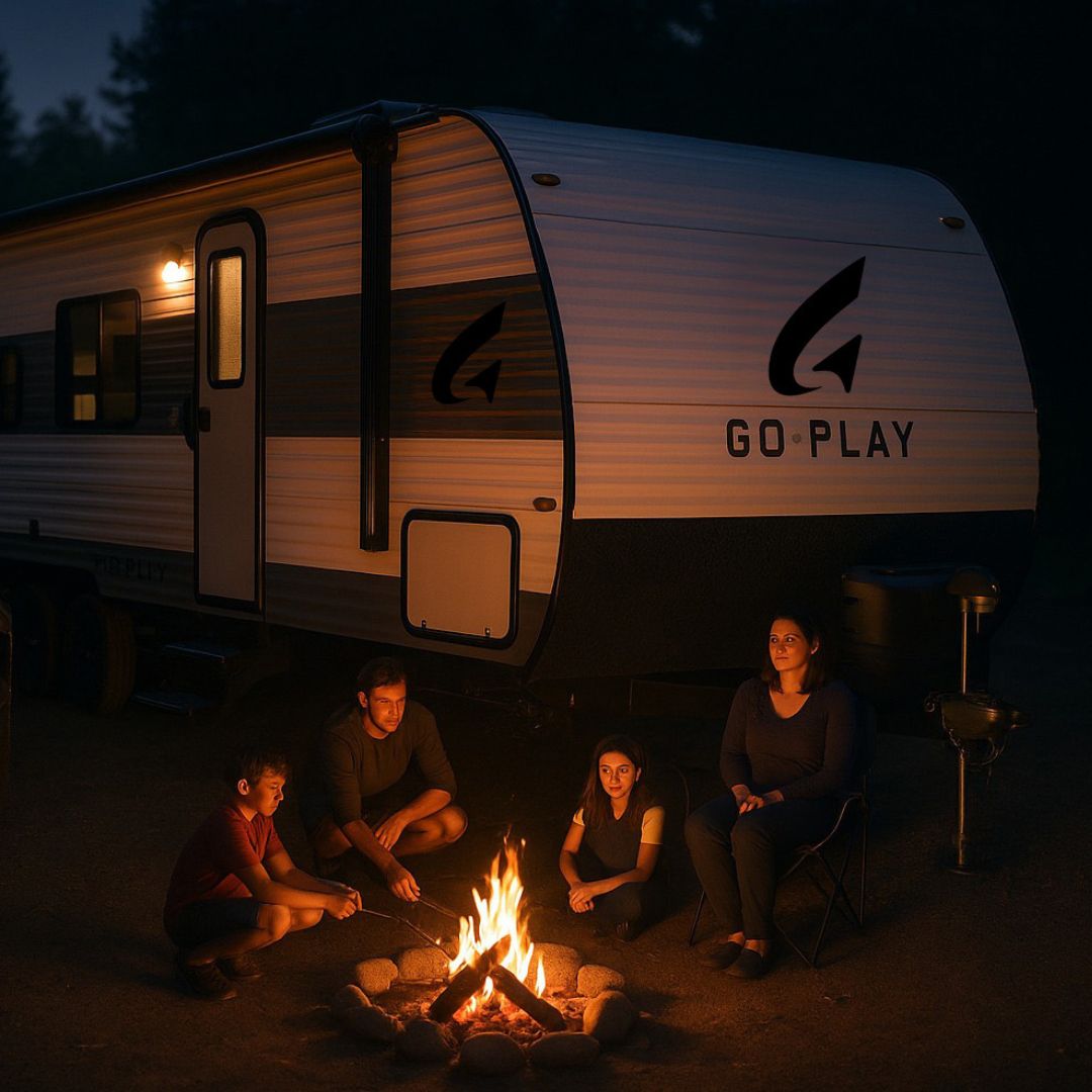 family at campfire outside Go Play 26BH