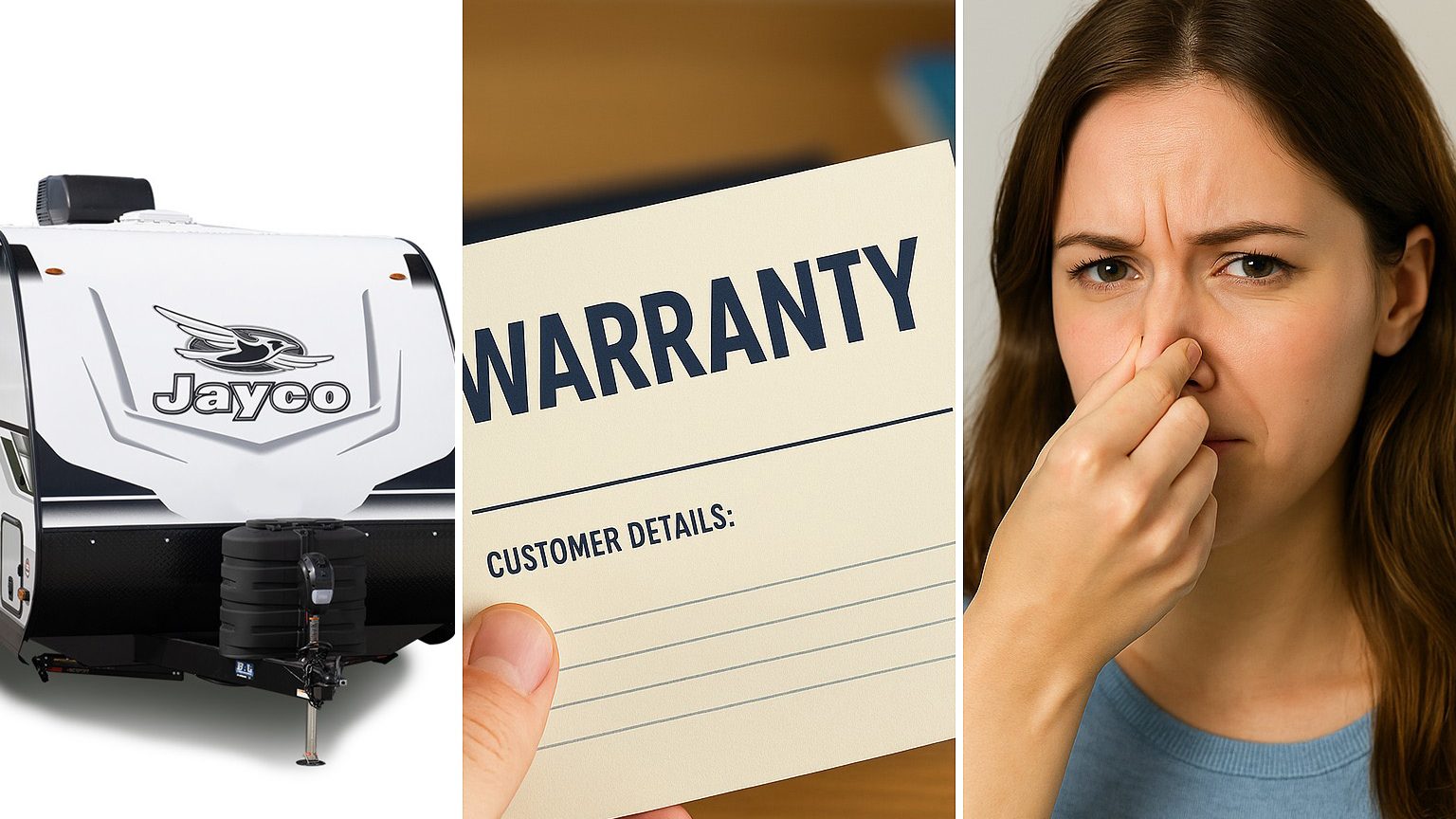 three paneled image
A new RV
A hand holding a paper with "Warranty" on it
A girl holding her nose