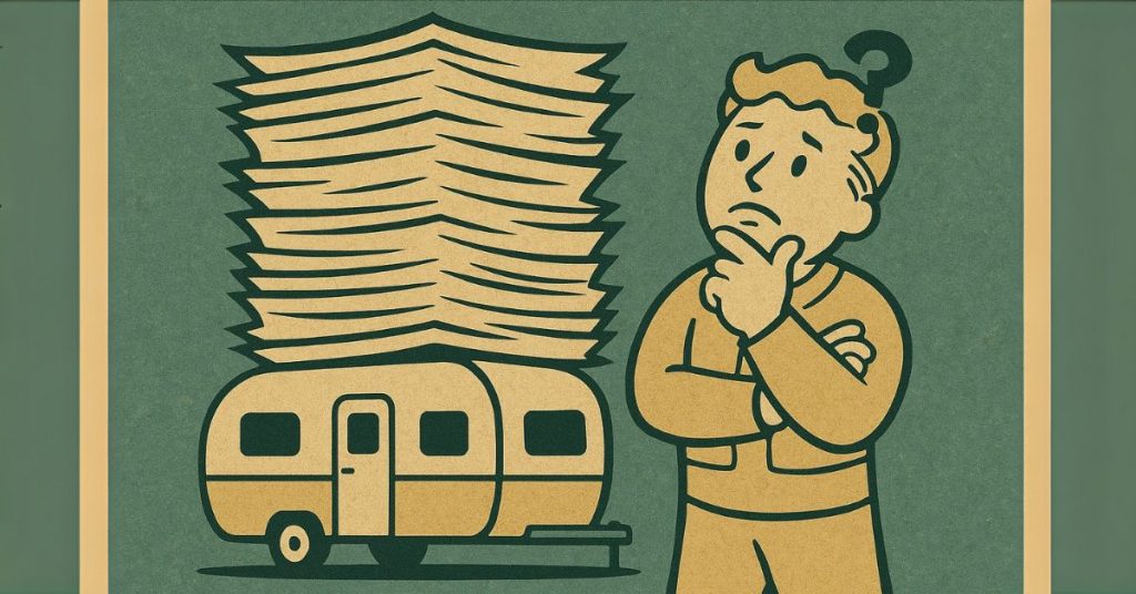 comic graphic-- Man with question-mark over his head, a big stack of tax papers on his camper