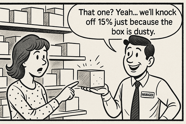 comic panel- salesman is holding a box up to customer and says, "That one? Yeah… we’ll knock off 15% just because the box is dusty"