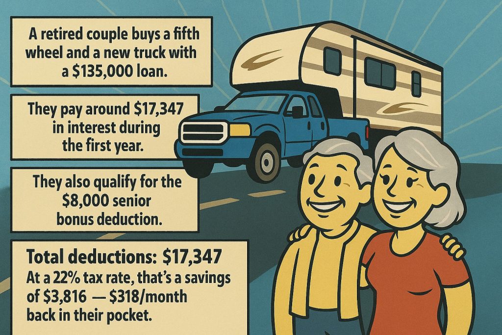 Infographic- senior couple loan interest tax deductions with one big beautiful bill.