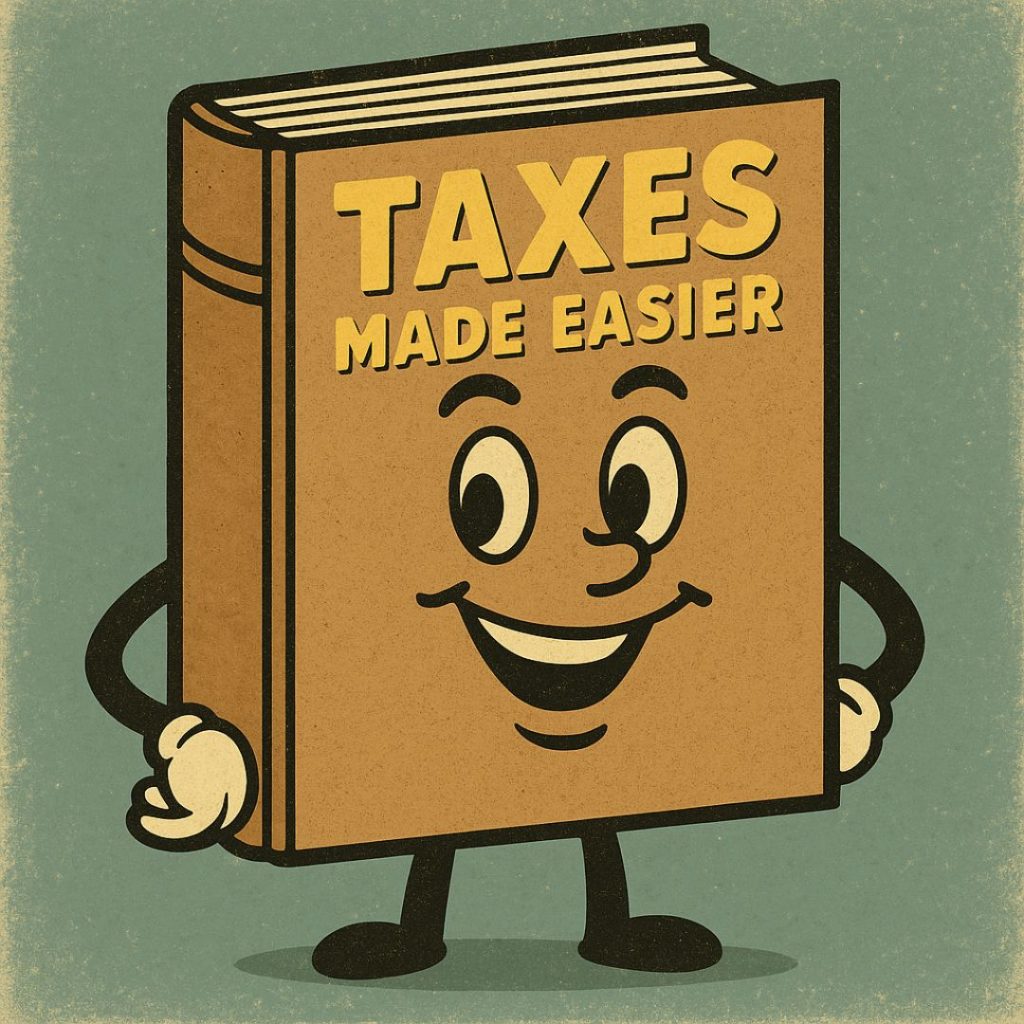 book with arms and legs with a smile-- title of book-- Taxes made Easier
