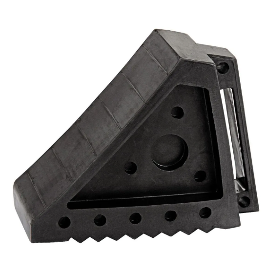 A heavy-duty black rubber wheel chock with a triangular wedge shape and a textured, non-slip base. The chock has molded grip ridges on the sloped surface and features ventilation holes for weight reduction and durability. It is designed to prevent vehicles like RVs or trailers from rolling while parked.