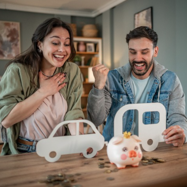 A cheerful couple sits at a table celebrating financial savings. In front of them are paper cutouts of a car and a camper trailer connected by a piggy bank filled with coins. The woman looks delighted with her hand on her chest, while the man pumps his fist in excitement. The scene suggests they’ve successfully saved for an RV or road trip.