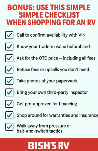 A graphic checklist titled “BONUS: USE THIS SIMPLE CHECKLIST WHEN SHOPPING FOR AN RV” in bold red text. Below are nine checklist items with blue checkmarks:

Call to confirm availability with VIN

Know your trade-in value beforehand

Ask for the OTD price — including all fees

Refuse fees or upsells you don’t need

Take photos of your paperwork

Bring your own third-party inspector

Get pre-approved for financing

Shop around for warranties and insurance

Walk away from pressure or bait-and-switch tactics

At the bottom, the graphic includes the red Bish’s RV logo.
