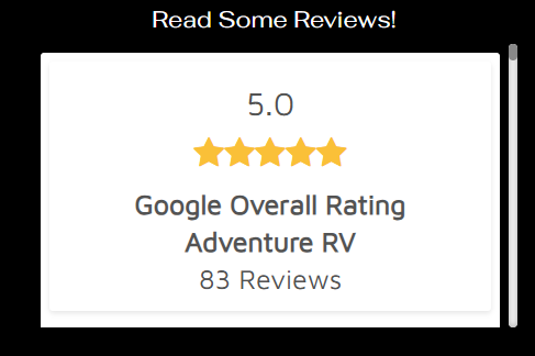 A review card showing a perfect 5.0-star Google overall rating for Adventure RV, based on 83 reviews.