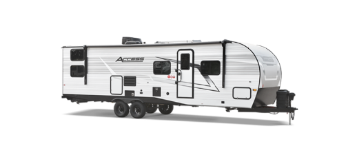 A white and black Access travel trailer with dual axles and a modern aerodynamic front cap. The trailer features multiple windows, two rooftop air conditioning units, exterior storage compartments, and a fold-down entry staircase. Designed for towing, it offers a sleek and contemporary RV design.