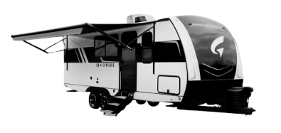 A white and black Go Explore travel trailer with dual axles and a modern aerodynamic front cap. The trailer features multiple windows, two rooftop air conditioning units, exterior storage compartments, and a fold-down entry staircase. Designed for towing, it offers a sleek and contemporary RV design.