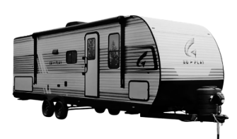 A white and black Go Play travel trailer with dual axles and a modern aerodynamic front cap. The trailer features multiple windows, two rooftop air conditioning units, exterior storage compartments, and a fold-down entry staircase. Designed for towing, it offers a sleek and contemporary RV design.
