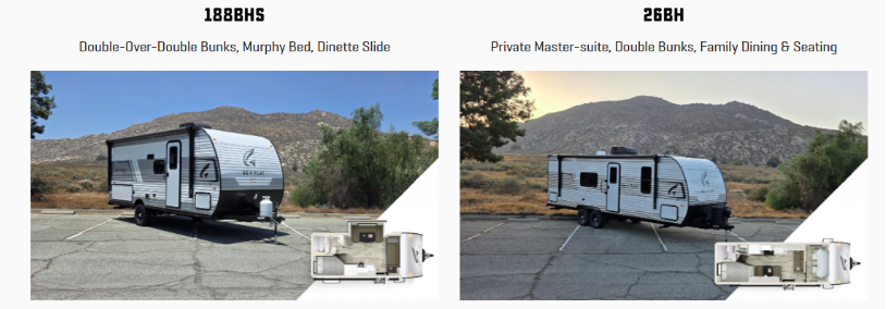 Two Wayfinder travel trailers are shown side by side in an outdoor lot with mountains in the background. The X203 model is on the left with a full rear bath, slide-out sofa, and easy towing design. The X252 model is on the right, featuring a family bunkhouse, private master suite, and a convenient bathroom entry door. Small floor plan diagrams of each RV are displayed in the bottom corners of their respective photos.