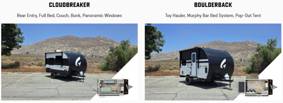 Two Wayfinder RV models are shown in a parking lot with mountains in the background. On the left, the Cloudbreaker travel trailer features rear entry, a full bed, couch, bunk, and panoramic windows. On the right, the Boulderback travel trailer is a toy hauler with a Murphy bar bed system and a pop-out tent. Floorplan diagrams are displayed at the bottom of each unit."