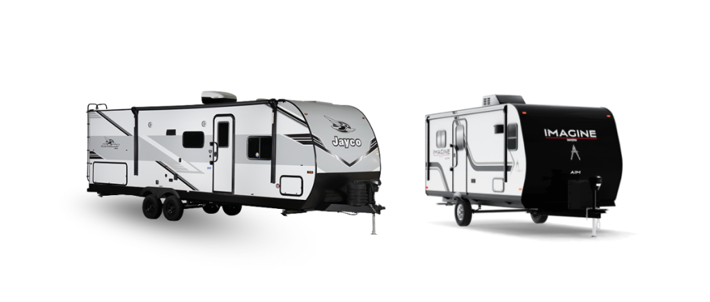 Two travel trailers are shown side by side on a white background. On the left is a Jayco trailer with a sleek silver and white exterior, black accents, and dual axles. On the right is a Grand Design Imagine AIM travel trailer, featuring a compact, modern design with a black front cap, silver sides, and single axle. Both trailers highlight different size and style options for RV shoppers.