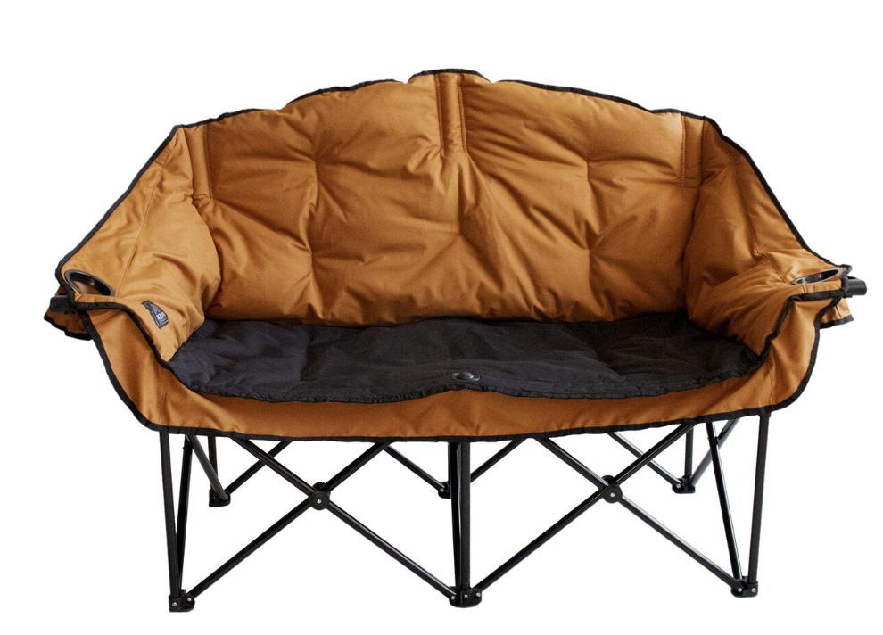Double camping loveseat chair with padded cushions and cup holders, featuring a foldable steel frame and two-tone brown and black design, perfect for outdoor RV camping or tailgating comfort.