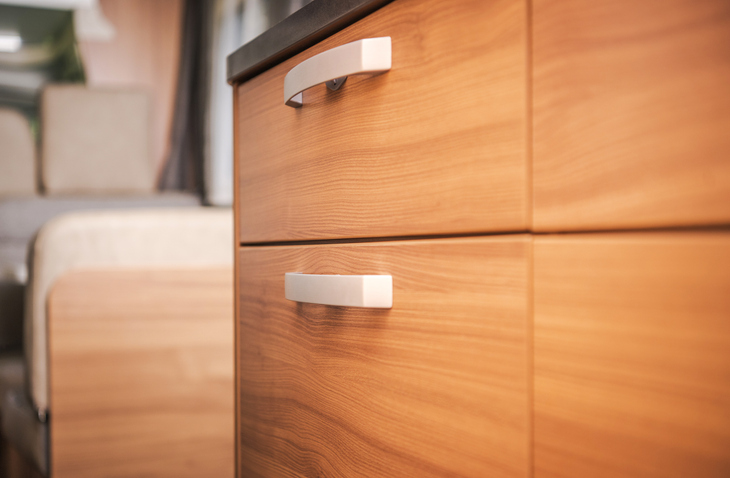 Modern Recreational Vehicle Kitchen Cabinets Drawers Close Up