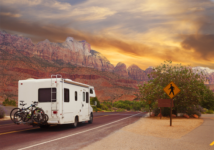 Motor home on the road,  touring Utah, USA
