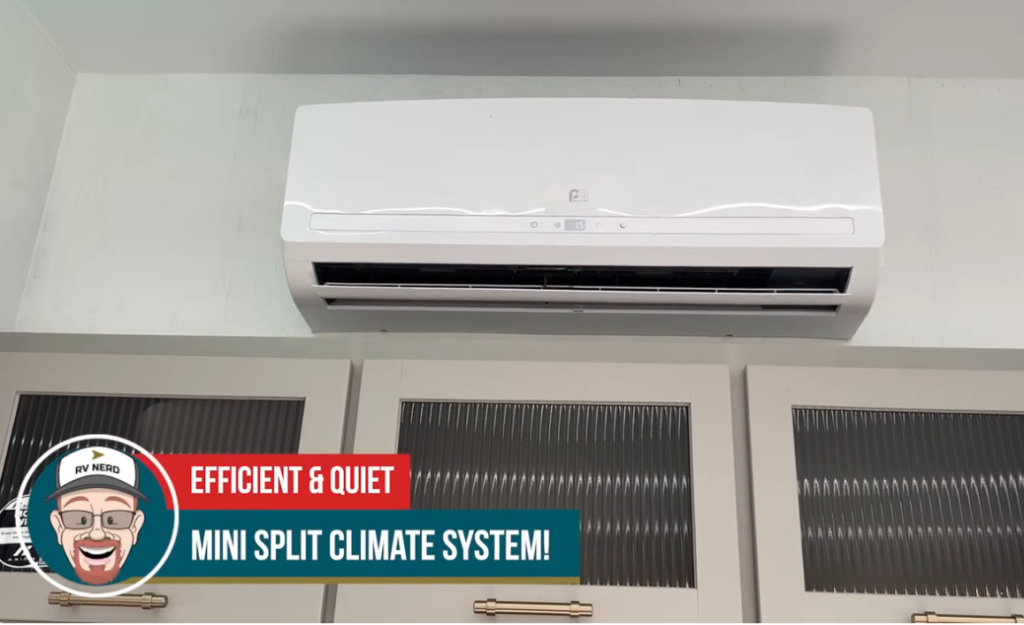 Energy-efficient mini split climate system installed above cabinetry inside the 2026 Axiom Imperium I3800 fifth wheel, providing quiet temperature control and advanced RV cooling technology.