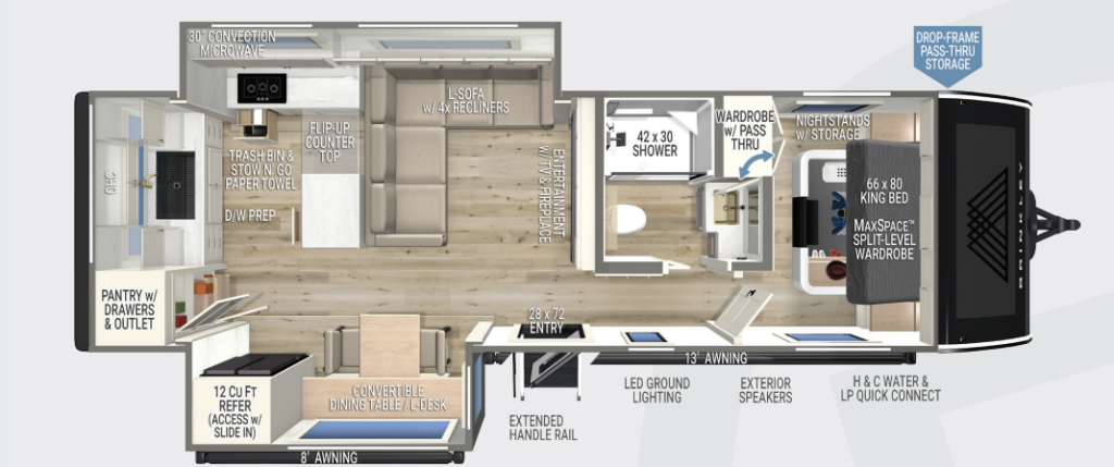 Floor plan layout of the Brinkley Model I 280 travel trailer showing a spacious rear kitchen with opposing slides, L-shaped quad recliner seating, and a convertible dinette/desk. The plan highlights features like the 66" x 80" king bed, split-level wardrobe, 42" x 30" shower, 12V refrigerator, and drop-frame pass-through storage, emphasizing Brinkley’s efficient, residential-style design.